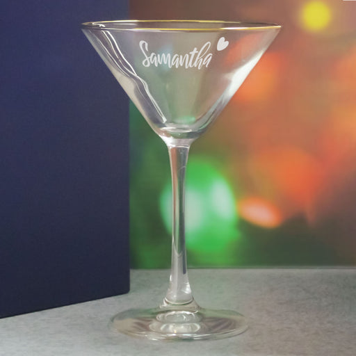 Engraved Gold Rim Martini Cocktail Glass with Name with Heart Design, Personalise with Any Name Image 4