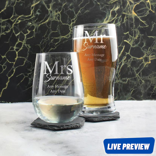 Engraved Mr and Mrs Wedding Beer and Stemless Wine Glass Set, Classic Font
