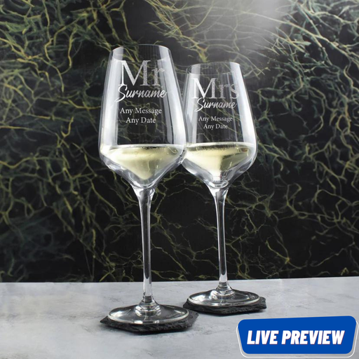 Engraved Mr and Mrs Wedding Large Crystal Wine Glasses, Classic Font