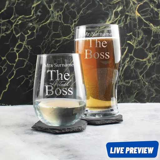 Engraved The Actual Boss His and Hers Beer and Stemless Wine Glass Set