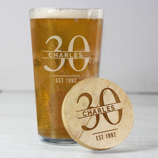 Personalised 30th Birthday Pint Glass & Bamboo Bottle Opener Coaster Gift Set