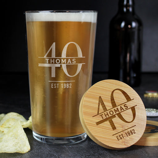 Personalised 40th Birthday Pint Glass & Bamboo Bottle Opener Coaster Gift Set