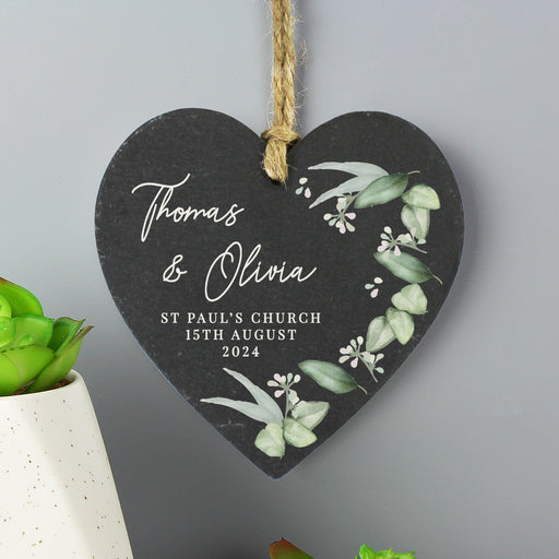 Personalised Botanical Wedding Slate Heart Decoration