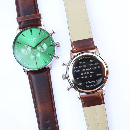 Personalised Men's Architect Motivator Watch In Envy Green With Walnut Strap