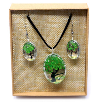Pressed Flowers Jewellery Set - Tree of Life - Green