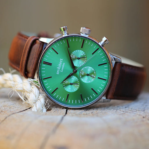 Personalised Men's Architect Motivator Watch In Envy Green With Walnut Strap