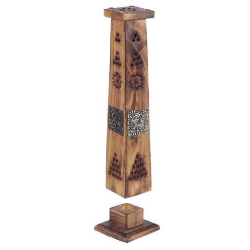 Mango Wood Ashcatcher Incense Sticks & Cones Tower Burner with Elephant Inlay