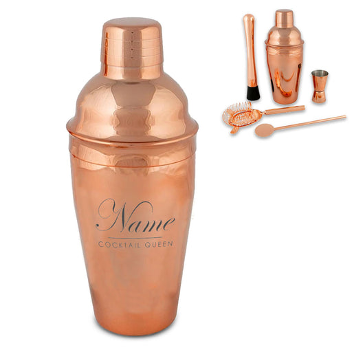 Engraved Rose Gold Cocktail Shaker Set with Cocktail Queen Design Image 1