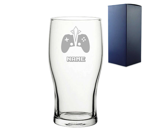 Personalised Engraved Pint Glass with Gaming Controller Name Design, Gift Boxed. Image 2