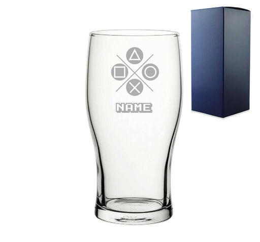 Engraved Pint Glass with Play Controller Button Design, Gift Boxed, Personalise with any name for any gamer Image 2
