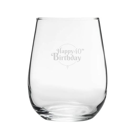 Happy 40th Birthday Balloon Design - Engraved Novelty Stemless Wine Gin Tumbler Image 1