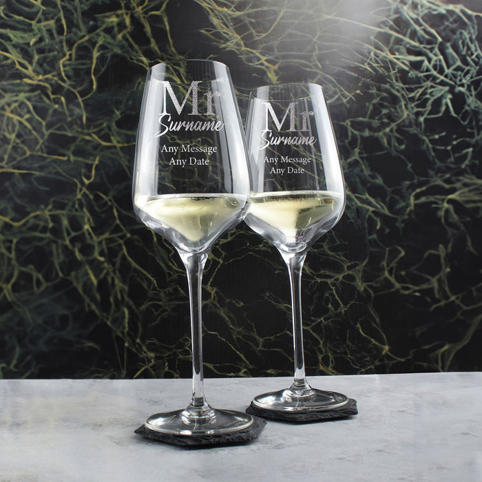 Engraved Mr and Mr Wedding Large Crystal Wine Glasses, Classic Font