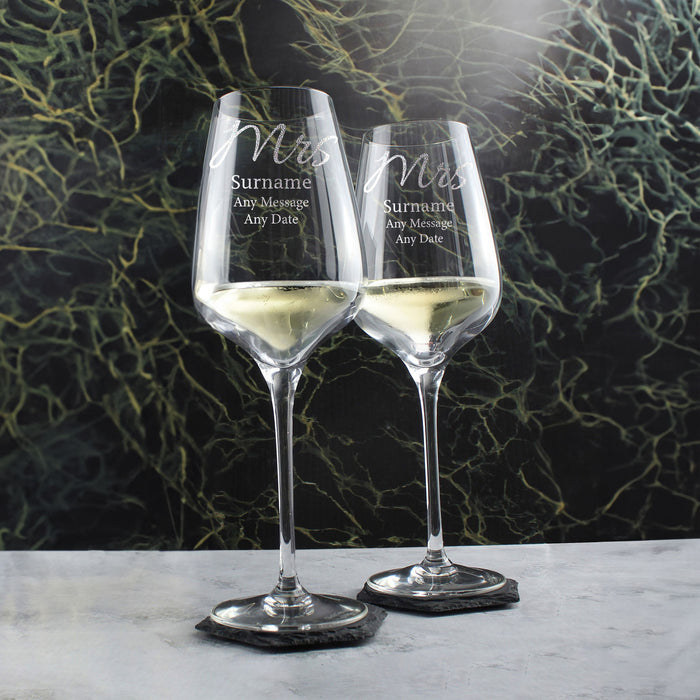 Engraved Mrs and Mrs Wedding Large Crystal Wine Glasses, Elegant Font