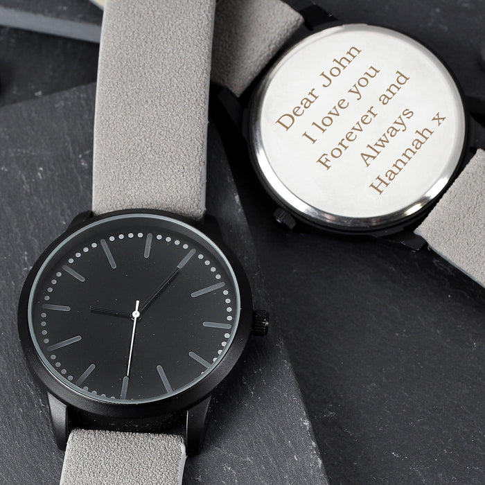 Engraved Mens Matte Black Watch with Grey Strap With Gift Box