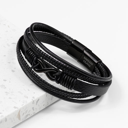 Personalised Men's Infinity Black Leather Stacked Bracelet