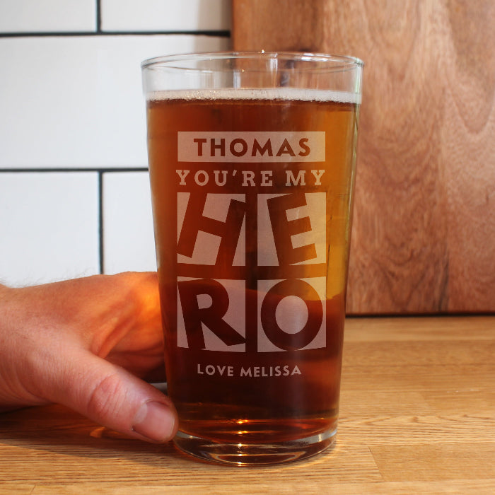 Engraved My Hero Pint Glass & Gift Box