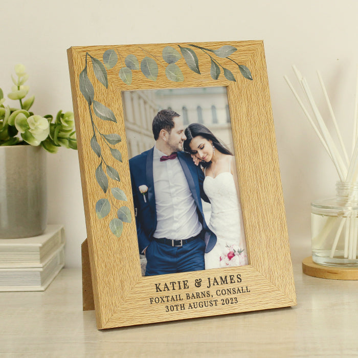 Personalised Botanical Wedding Oak Finish Photo Frame - 6x4