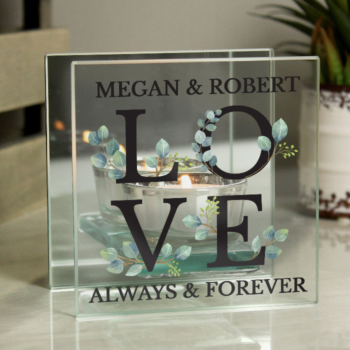 Personalised Botanical Love Mirrored Glass Tea Light Holder