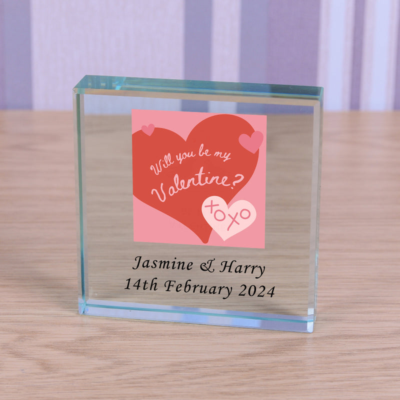 Personalised Will You Be My Valentine Heart Glass Block