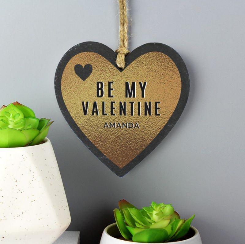 Personalised Be My Valentine Gold Slate Heart Decoration