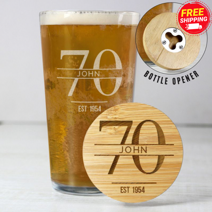 Personalised 70th Birthday Pint Glass & Bamboo Bottle Opener Coaster Gift Set