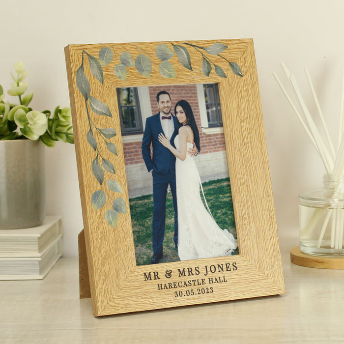 Personalised Botanical Wedding Oak Finish Photo Frame - 6x4