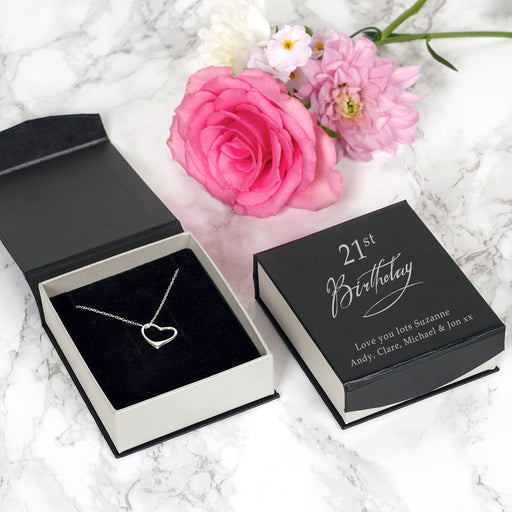Heart Pendant Sterling Silver Necklace - Personalised 21st Birthday Gift Box
