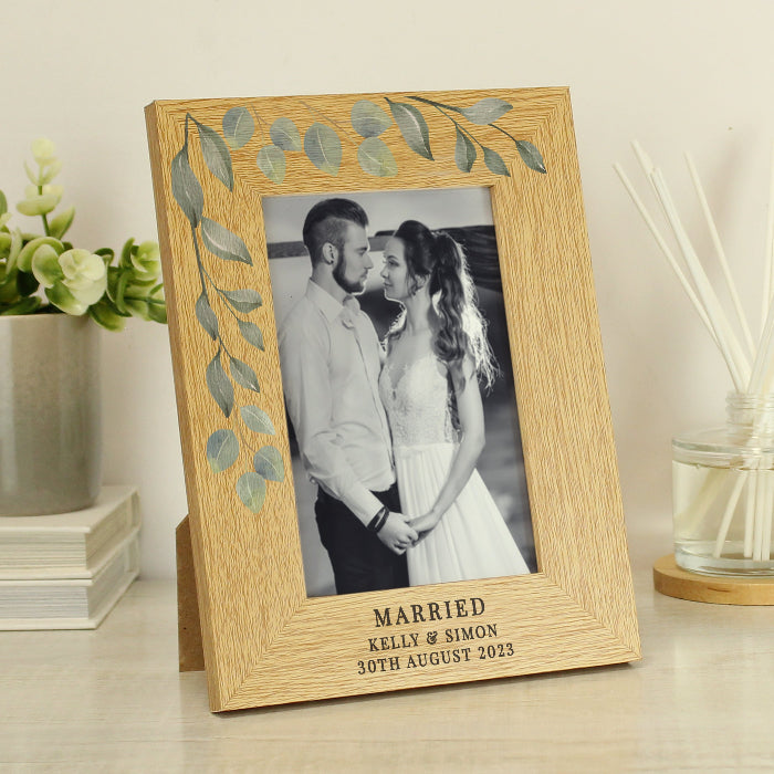 Personalised Botanical Wedding Oak Finish Photo Frame - 6x4