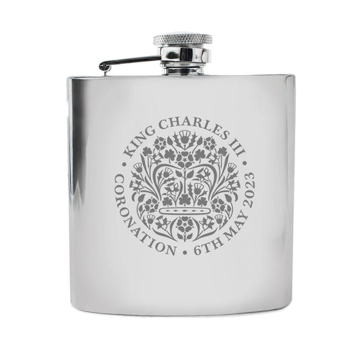 Engraved King Charles III Official Coronation Silver Hip Flask