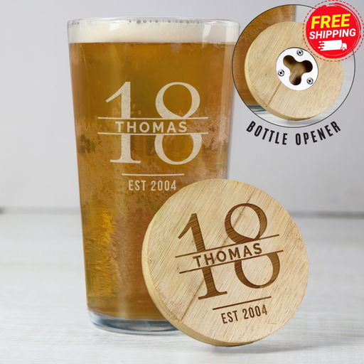 Personalised 18th Birthday Pint Glass & Bamboo Bottle Opener Coaster Gift Set