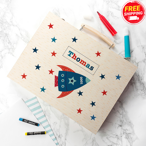 Personalised Wooden Art Colouring Box Set - Space Rocket