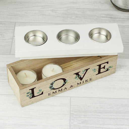 Personalised Botanical Love Triple Tea Light Box - Wedding Gift 