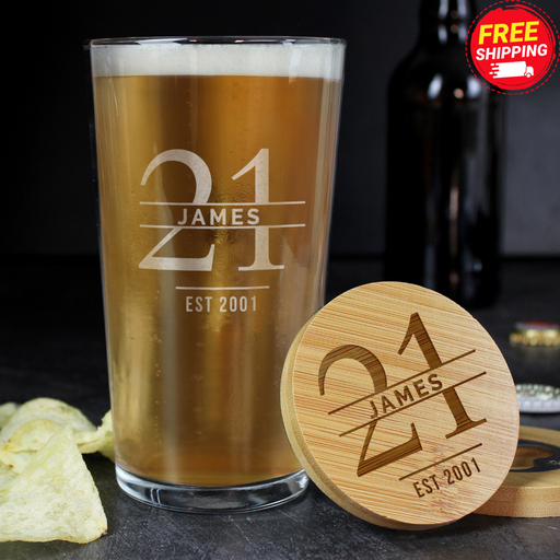 Personalised 21st Birthday Pint Glass & Bamboo Bottle Opener Coaster Gift Set