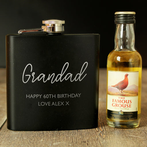 Personalised Black Hip Flask & Famous Grouse Whiskey Miniature Set
