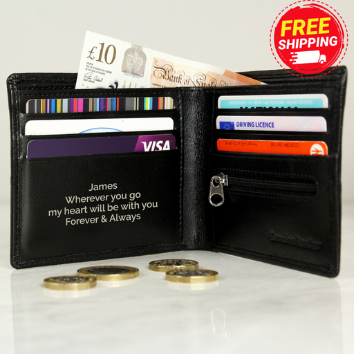 Personalised Free Text Black Leather Wallet