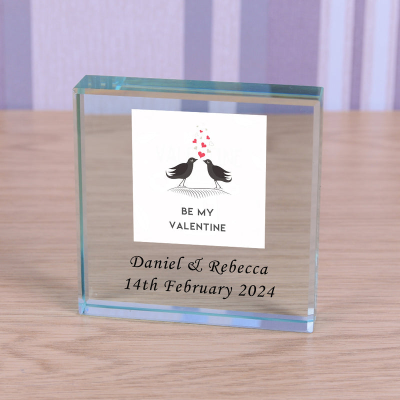 Personalised Be My Valentine Birds Glass Block