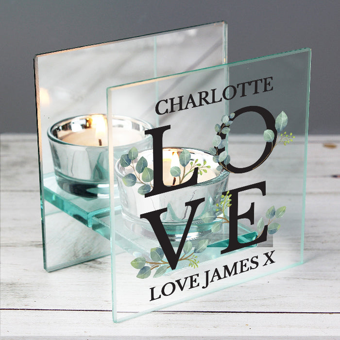 Personalised Botanical Love Mirrored Glass Tea Light Holder