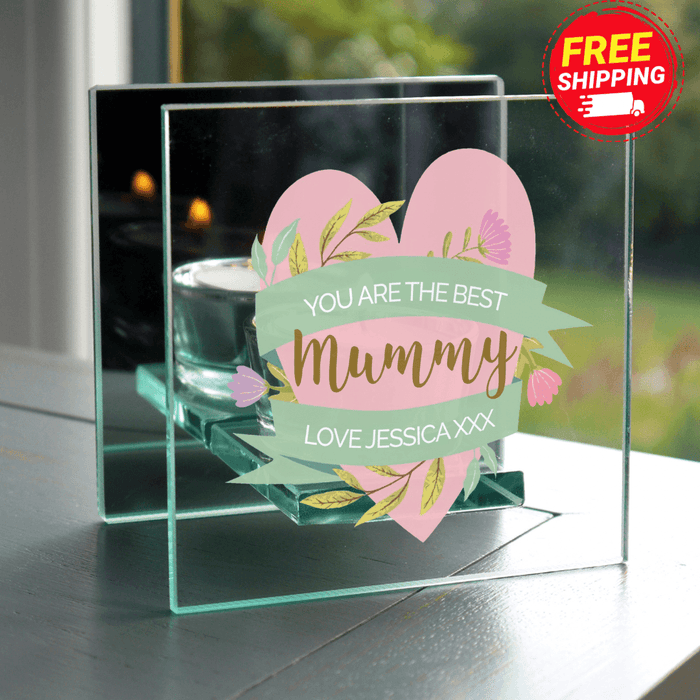 Personalised Floral Heart Mirrored Glass Tea Light Holder