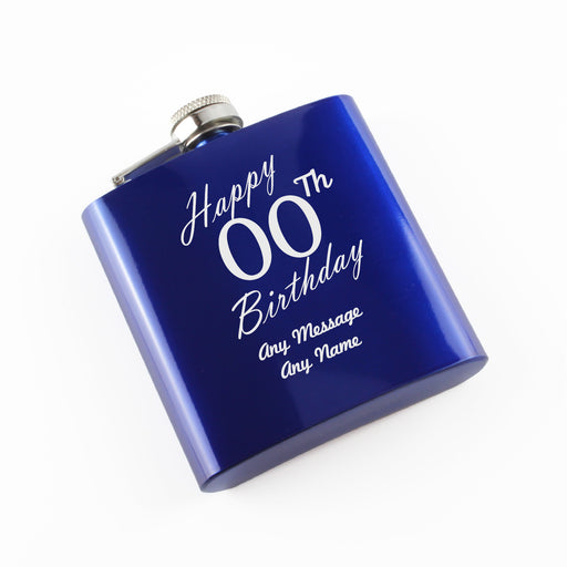Engraved 6oz Blue Steel Hip Flask Happy Custom Number Birthday Image 2