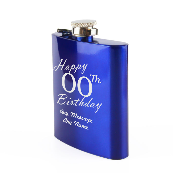Engraved 6oz Blue Steel Hip Flask Happy Custom Number Birthday Image 3