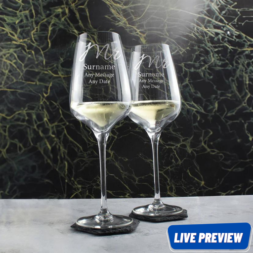 Engraved Mr and Mr Wedding Large Crystal Wine Glasses, Elegant Font