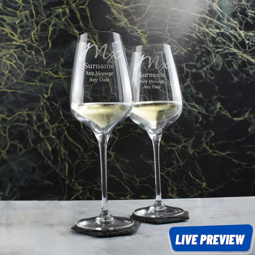 Engraved Gender Neutral Mx and Mx Large Crystal Wedding Wine Glasses Elegant