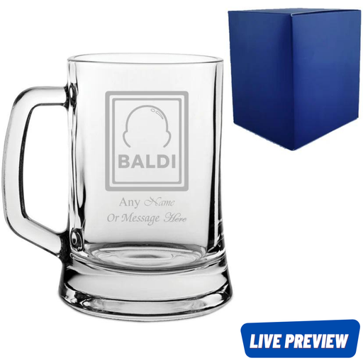 Engraved Beer Tankard Glass with Baldi Design