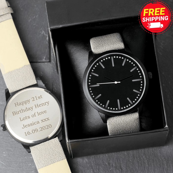 Personalised Mens Matte Black Watch with Grey Strap With Gift Box
