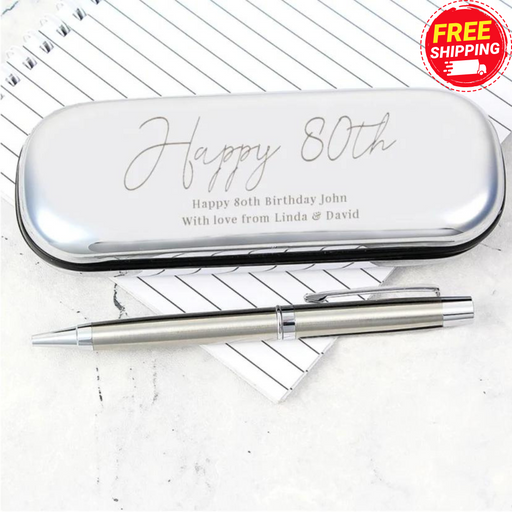 Personalised 80th Birthday Silver Pen and Box Gift Set