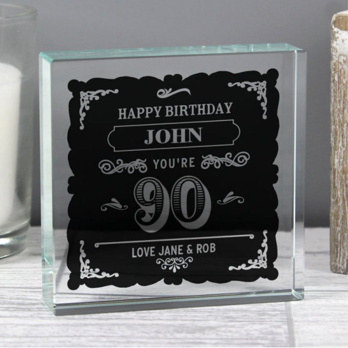 Personalised 90th Birthday Vintage Crystal Glass Block