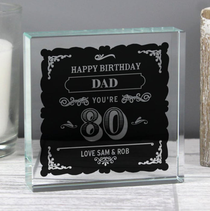 Personalised 80th Birthday Vintage Crystal Glass Block