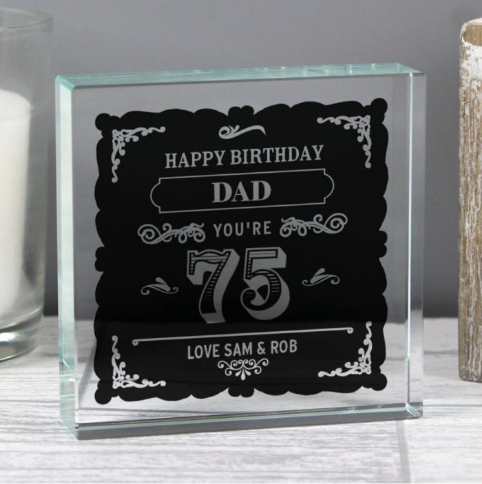 Personalised 75th Birthday Vintage Crystal Glass Block