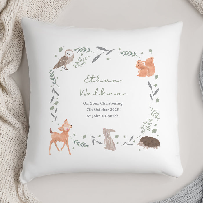 Personalised Woodland Animals Christening Cushion