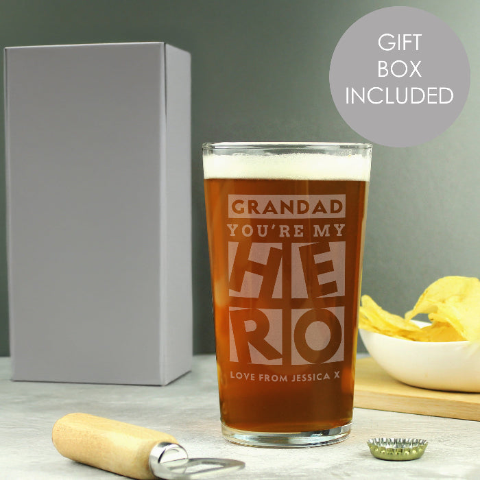Engraved My Hero Pint Glass & Gift Box